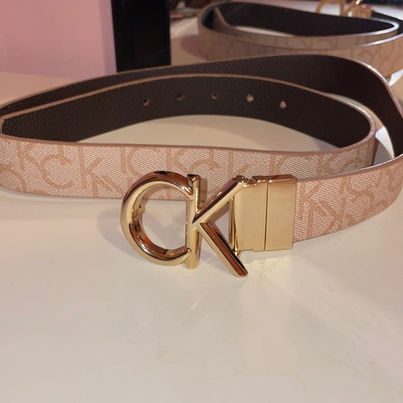 Calvin Klein Accessories - Calvin Klein women’s beige monogram medium gold buckle belt